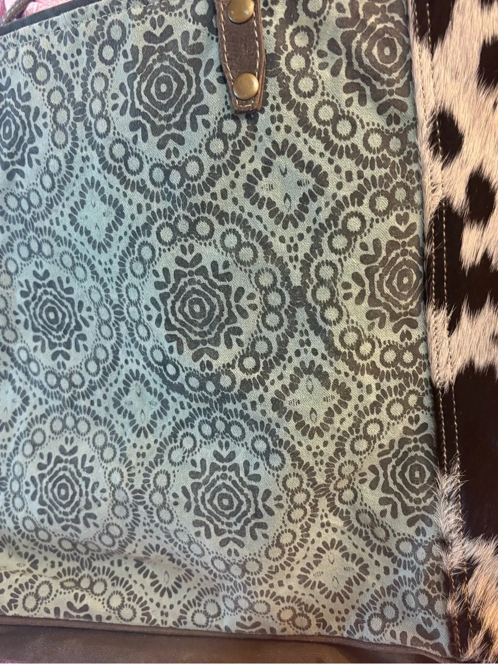 Myra Bag Mint Patterned Tote with Brown Straps and Cowhide Accents